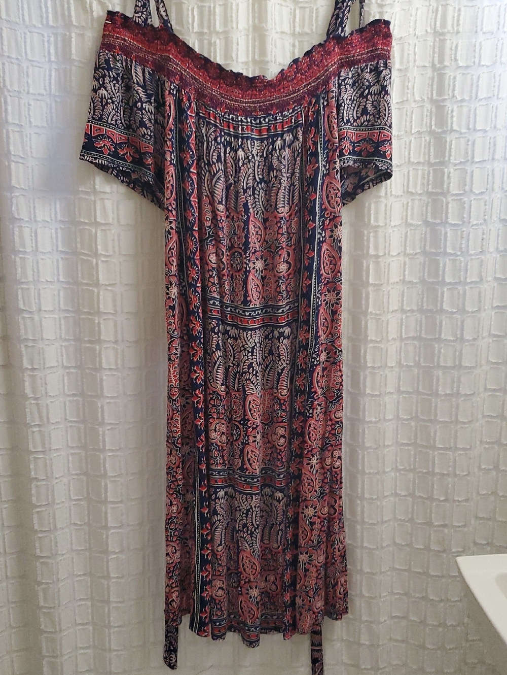 Lucky Brand Bohemian Off Shoulder Navy & Red Paisley Midi w/Pockets/Belt NWOT
